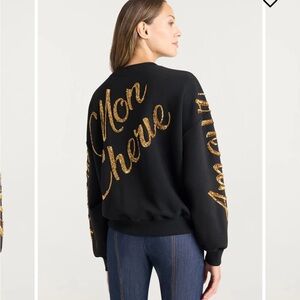 CINQ A SEPT CRUSHED GOLD SEQUIN LOVE LETTER BLACK SWEATER XS NWT